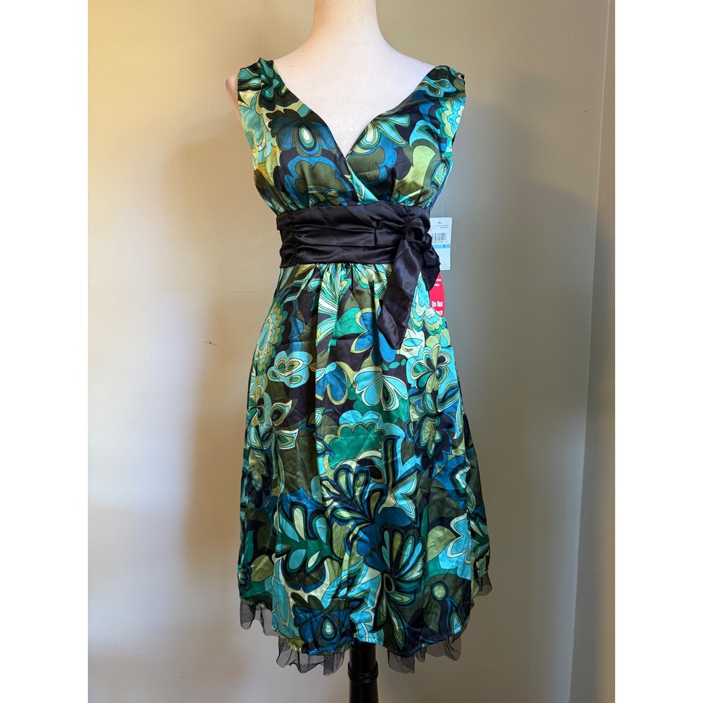 Love‎ Tease Green Aqua Floral Satin Fit Flare Dress Tulle y2k 5 NWT retro dainty